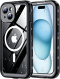 Red2Fire for iPhone 15 Case Waterproof, [Built-in Screen Protector & Camera Protector][Compatible with MagSafe][Full Body Shockproof][IP68 Waterproof][Dustproof] Phone Case 6.1" Black/Clear