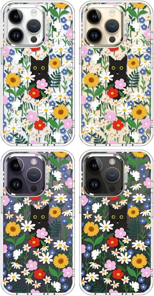 MOSNOVO Case for iPhone 14 Pro, [Buffertech 6.6ft Military-Grade Drop Protection] [Anti Peel Off Tech] Clear TPU Bumper Phone Case Cover Design - Black Cat in Garden
