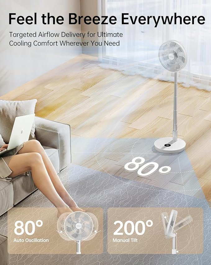 TriPole Oscillating Fan Portable Quiet Standing Fan with Remote, 12" Rechargeable Pedestal Fans for Bedroom Office, Foldable Battery Powered Travel Fans, Adjustable Height, 8H Timer, 6 Speeds, 44.4Wh