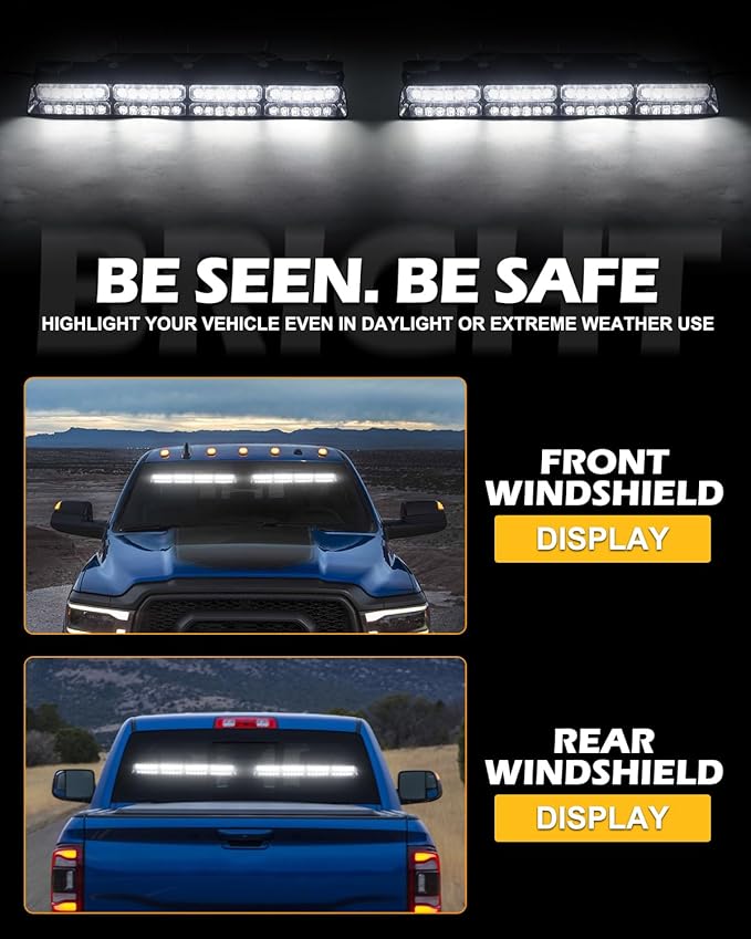 HLauto 604N Emergency Dash Strobe Lights: 2x16.8 inch White Security Light w/Take Down, 48 LED Safety Flashing Warning Hazard Interior Windshield Visor Light Bar for Trucks Vehicles