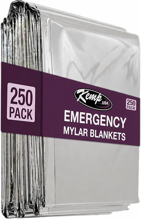 Kemp USA Emergency Mylar Blanket Lightweight Thermal Reflective Survival Blanket First Aid Disaster Preparedness Camping Vehicle Bug Out Bag Emergency Supply Gear (250)
