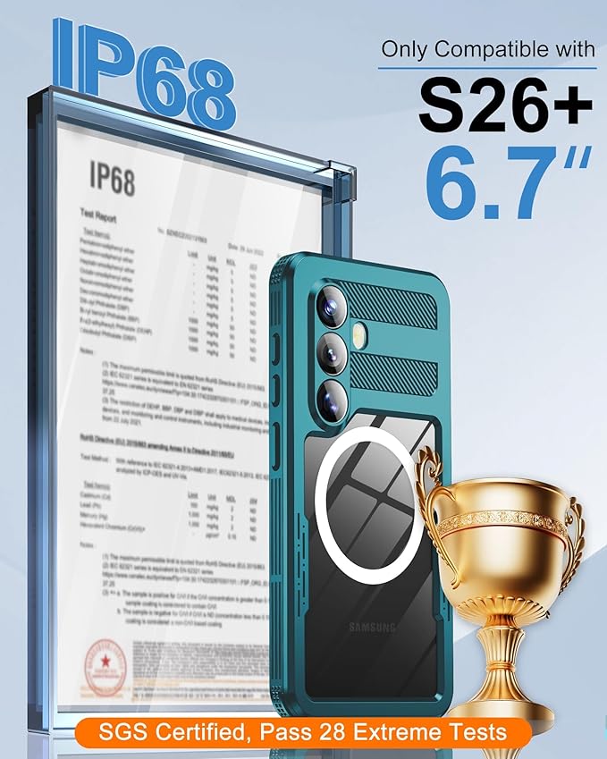 for Samsung Galaxy S26+ Plus Waterproof Case, [Fit for Magsafe] [IP68 Water Proof] [Built-in Screen Protector], Magnetic Heavy Duty Military Grade Rugged Phone Case for S 26+ Plus 6.7", Teal