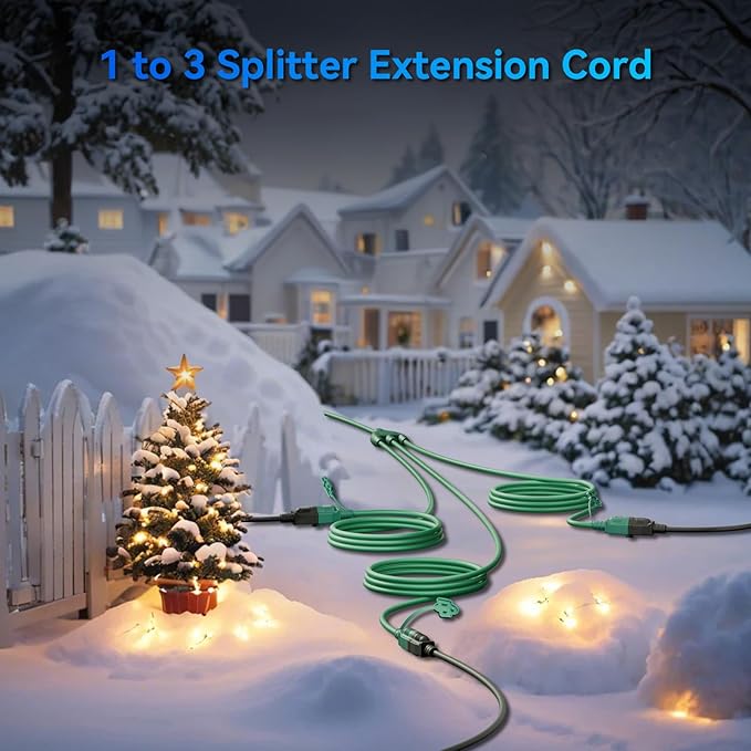 K KASONIC - 25FT Outdoor Extension Cord 1 to 3 Splitter, 3 Prong Outlets Plugs with Safety Covers, Weatherproof Extension Cord for Christmas Decorations, 16/3 SJTW, ETL Listed, Green