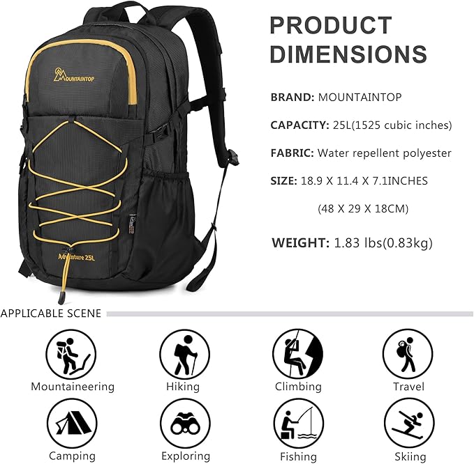 MOUNTAINTOP Hiking Backpack,25L Camping Backpack, Men Women Hiking Daypack Lightweight Travel Backpack for Climbing(Black)