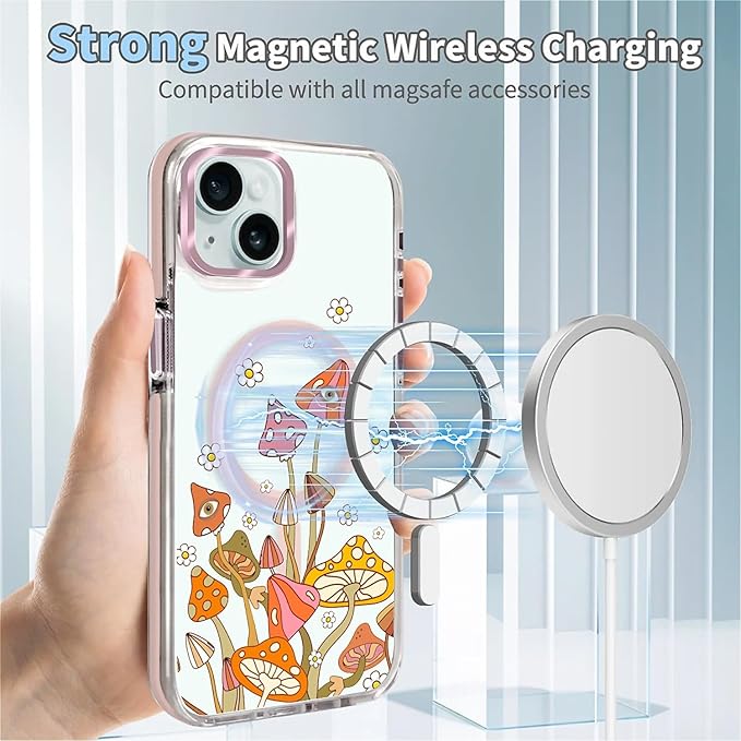 Case for iPhone 13/14,[Compatible with MagSafe],Retro Mushroom Sunflower Phone Case Design，for Women Girls Magnetic Clear Cover - Slim, Sleek, & Shockproof Protection