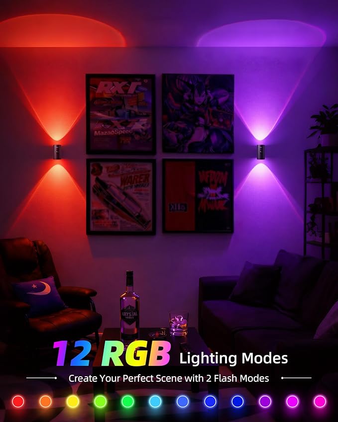 EZVALO Motion Sensor Wall Light, 4000mAh Rechargeable Battery Operated Wall Sconce, RGB & 3 Color Temps with Remote, Wireless Ambient Light for Living Room, Hallway, Apartment (2 Pack, Black)