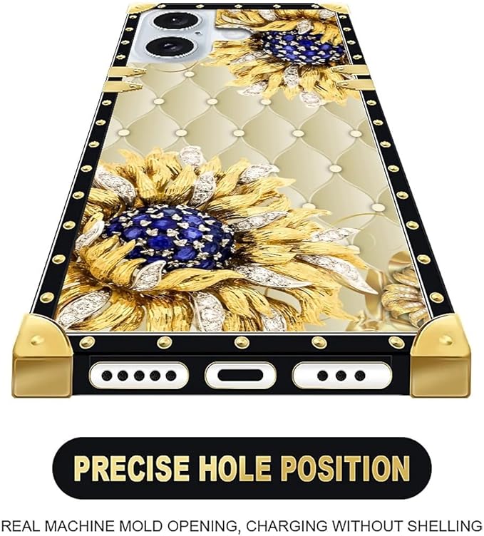 Compatible with iPhone 16 Case, Sunflower Diamonds Leather Luxury Golden Decoration for Girl Women Soft TPU Shockproof Protective Hard PC Back for iPhone 16