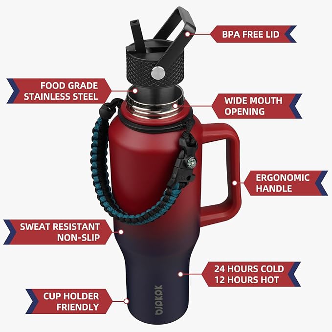 BJPKPK Insulated Water Bottles with Straw Lid, 35oz Metal Water Bottle with 2 lids & Paracord Strap, Double Wall Stainless Steel Tumbler with Handle, Reusable Cups, Mugs, Thermo, Charming Red