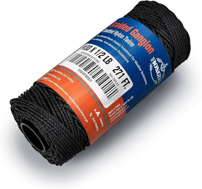 HONGDA Braided Black Nylon String, #30 Tarred Bank Line Twine, 271 Feet Black Tarred String for Gardening, Construction, Gear Tying, Jungle Survival
