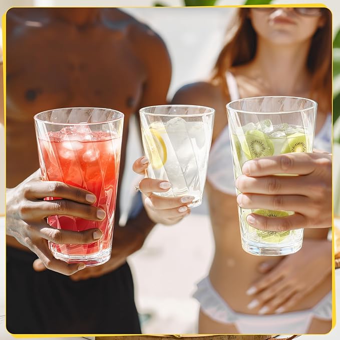 LemonRoad 12 Pack Reusable Plastic Drinking Glasses Set - 20oz & 13.5oz Stackable Tumbler, Shatter-resistant Highball Cup for Water, Cocktail, Iced Coffee, Indoor Outdoor Use, BBQ, Patio, Pool (Clear)