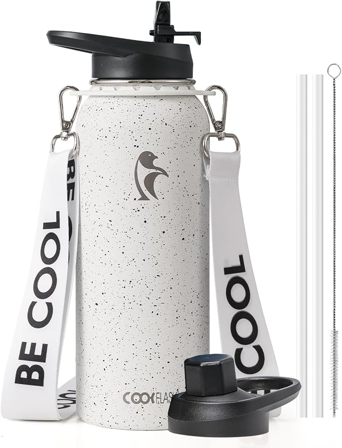 Coolflask Water Bottle with Straw, 40 oz Insulated Metal Water Flask with Straw & Spout Lids, Stainless Steel Double Wall Vacuum, Keep Cold 48h Hot 24h, Leak Proof, BPA-Free, Arctic White
