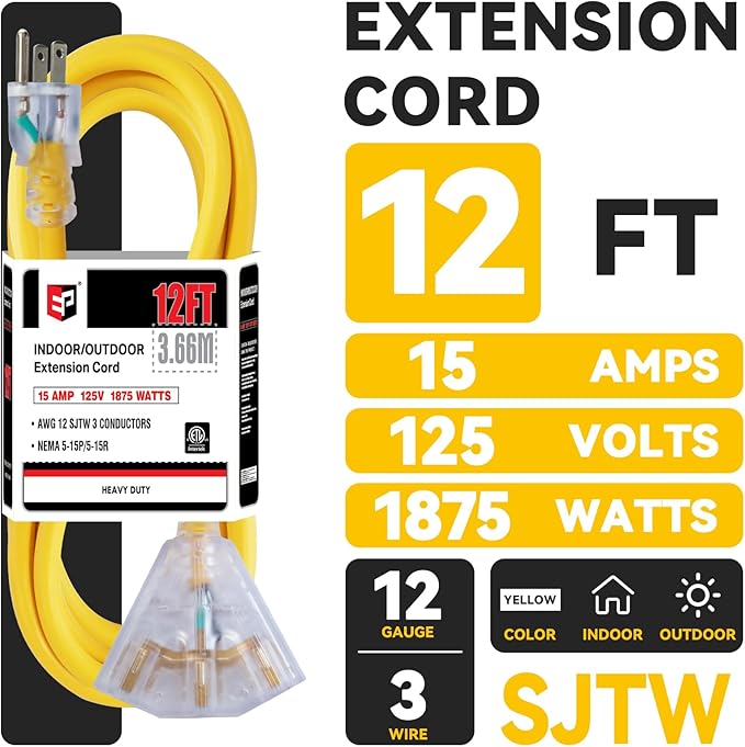 EP 12 Ft 12 Gauge Heavy Duty Extension Cord, 15A 125V 1875W, 3 Outlet Indoor/Outdoor Power Cord with Lighted End, 12/3 SJTW Weatherproof Yellow