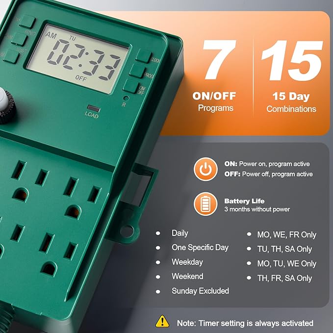 SURAIELEC Outdoor Power Stake, 7-Day Programmable Digital Timer, Power Strip Weatherproof, 6 Multi Plug Electrical Outlet Waterproof, 6 ft Extension Cord, for Outside Yard Light, Christmas Decorations