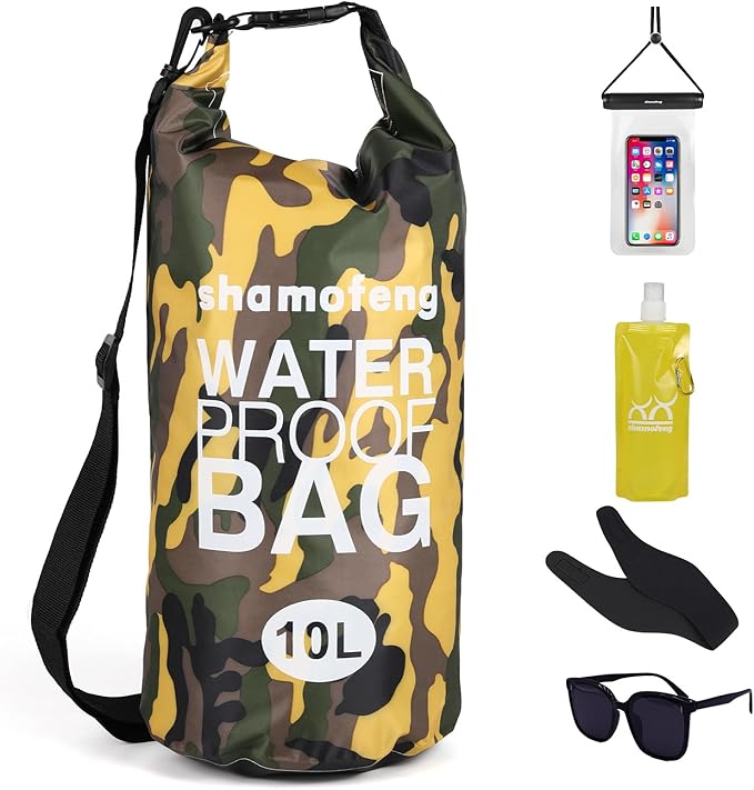 Waterproof Dry Bag 5L/10L/15L/20L/30L Roll Top Dry Storage Backpack with Phone Case, Collapsible Water Bottle, Sunglasses, Ear Band for Kayaking Boating Swimming Fishing Camping, Yellow 15L