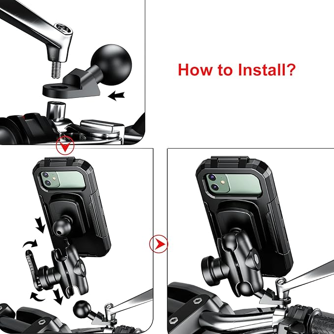 iMESTOU Waterproof Rearview Mirror Phone Mount, Motorcycle 1" Ball Phone Holder with Anti-Theft Double Socket Arm &Aluminum Ball Base 360° Rotation Fits for 3.5"-6.1" Cellphones (Size S)