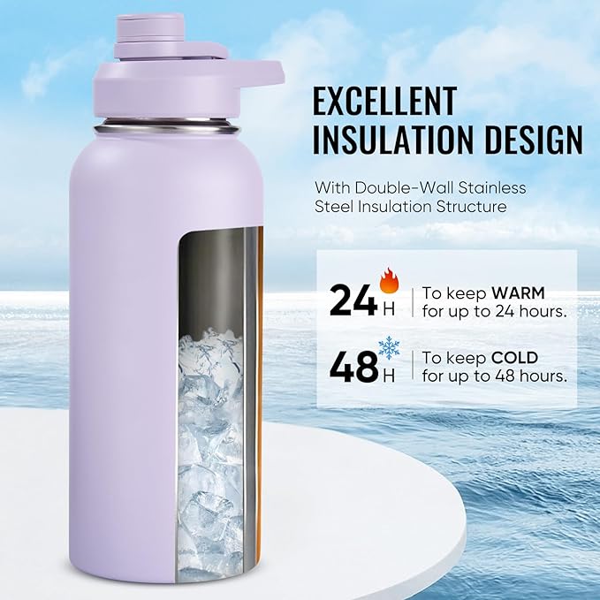 Fijinhom 32 oz Insulated Water Bottle with Handle, 304 Stainless Steel Water Bottles with Wide Mouth, Double Wall Vacuum Sports Water Bottle, BPA Free, Keep Cold and Hot, Purple