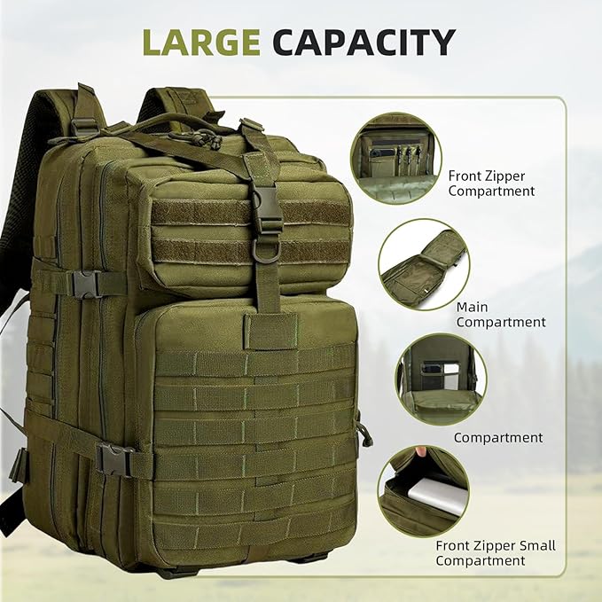 aiGear 45L Tactical Backpack for Men, All-Weather Military Assault Rucksack,3-Day Combat Pack with Molle System (45L Green)