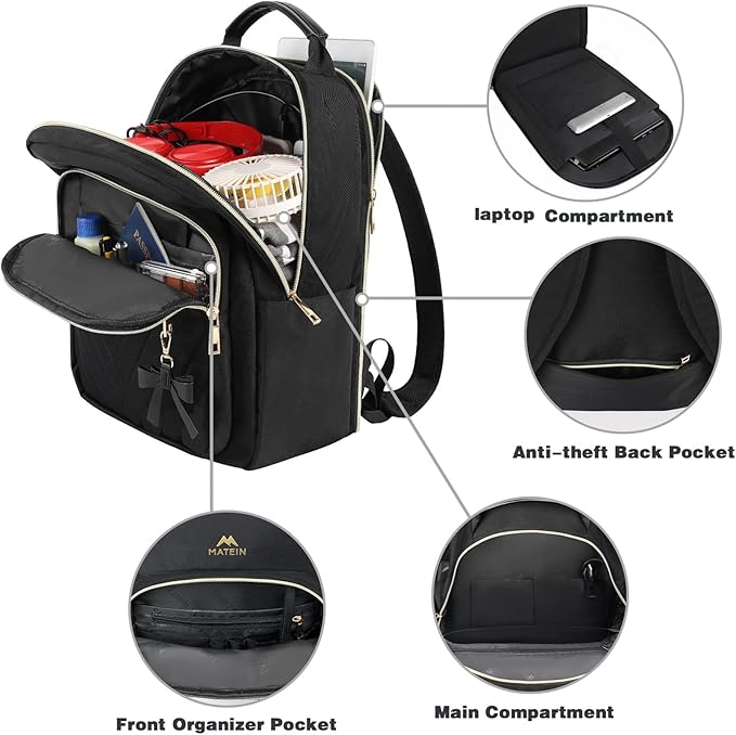 MATEIN Backpack Purse for Women, 15.6 inch Cute Stylish Waterproof Backpack Purse, Fashion Waterproof Casual Daily Shoulder Bag for College Work Travel, Gifts for Ladies, 2pcs Set, Black