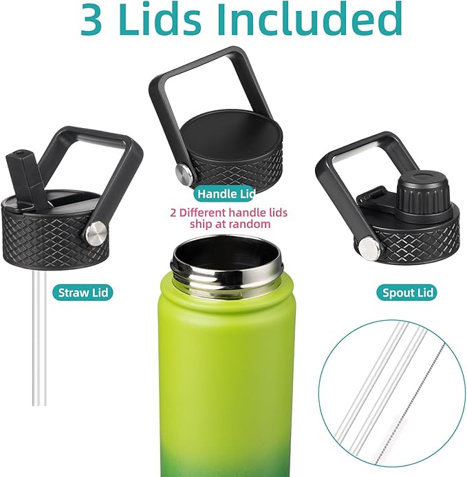 Konokyo 22oz Stainless Steel Bottles with 3 Lids Sport Insulated Water Bottle,Bamboo Grove