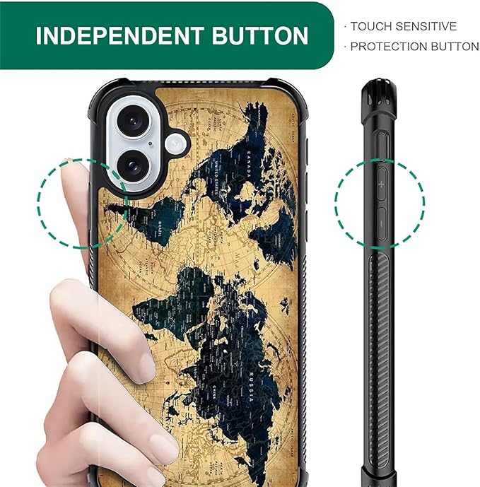 for iPhone 16 Plus Case, Brown World Map Pattern Graphic Design Girl Boy Soft Silicone Hard Acrylic Shock Protection for iPhone 16 Plus