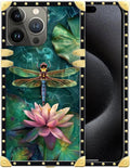 Compatible with iPhone 16 Pro Case, Colourful Dragonfly Pink Lily Pads Luxury Golden Decoration for Girl Women Soft TPU Shockproof Protective Hard PC Back