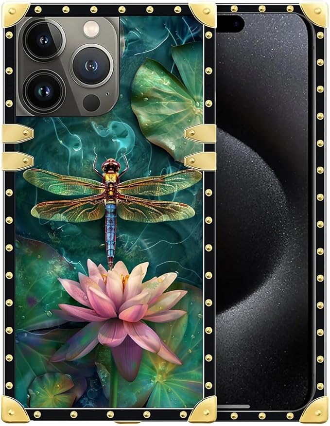 Compatible with iPhone 16 Pro Case, Colourful Dragonfly Pink Lily Pads Luxury Golden Decoration for Girl Women Soft TPU Shockproof Protective Hard PC Back