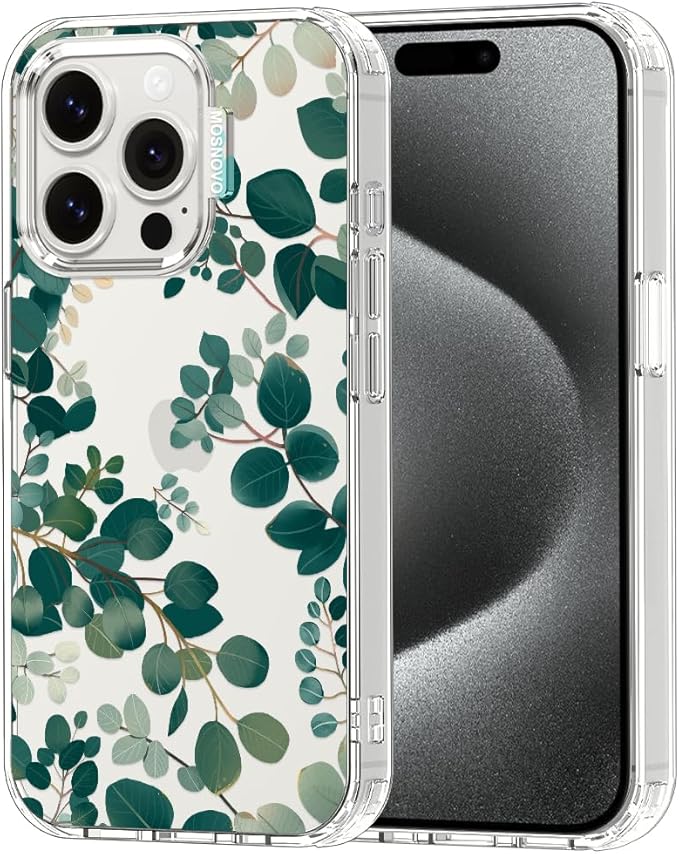 MOSNOVO Case for iPhone 15 Pro, [Buffertech 6.6ft Military-Grade Drop Protection] [Anti Peel Off Tech] Clear TPU Bumper Phone Case Cover Design - Eucalyptus