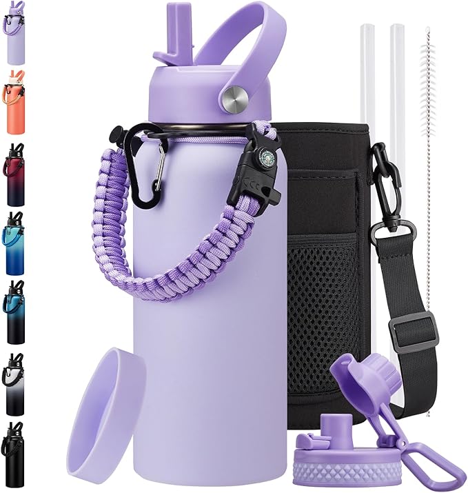BENZZO 32 oz Insulated Water Bottle with Straw - Pop-up Spout Lid, Paracord Handle, Carrier Bag with Strap, Leak Proof Stainless Steel Water Bottle 32oz, Cold Flask Jug for Traveling Hiking