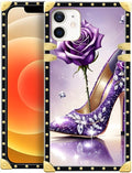 Compatible with iPhone 11 Case, High Heeled Purple Diamond Rose Luxury Golden Decoration for Girl Women Soft TPU Shockproof Protective Hard PC Back for iPhone 11