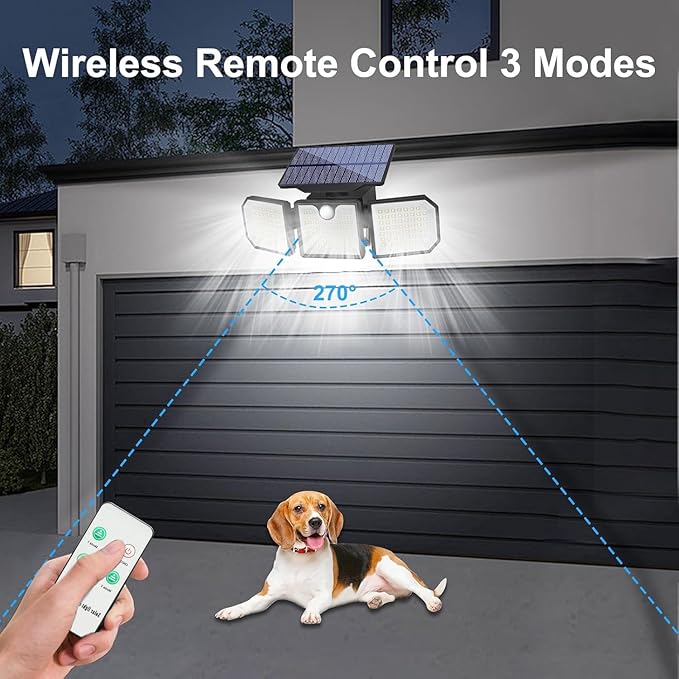 Solar Lights Outdoor with Motion Sensor, 2500LM 167 LED Security Lights with Remote Control, 270° Wide Angle Flood Wall Lights with 3 Modes, LED Flood Light for Garage Yard Entryways Patio