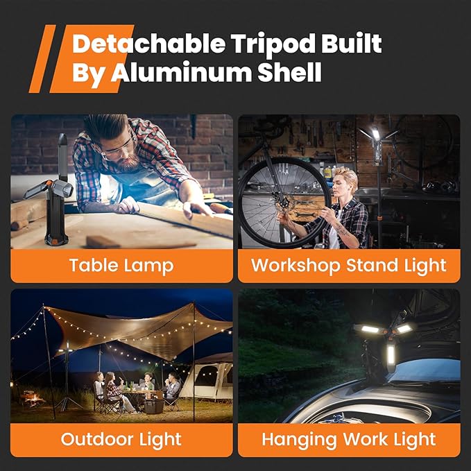 gogonova 2026 Rechargeable Work Light with Stand, 4 in 1 Cordless Camping Light, 700/1200/2200 Lumens, 4000/6500K Dimmable LED Work Lamp with Detachable Tripod（Grey）