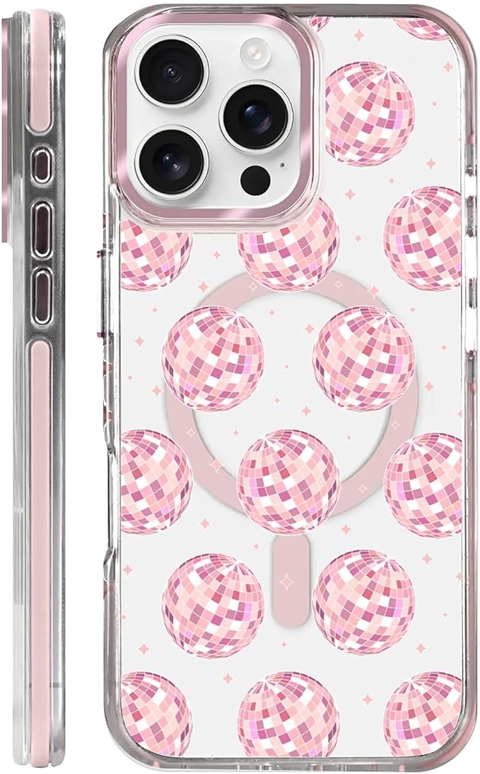 Case for iPhone 16 Pro Max,[Compatible with MagSafe],Disco Balls Pink Phone Case Design，for Women Girls Magnetic Clear Cover - Slim, Sleek, & Shockproof Protection