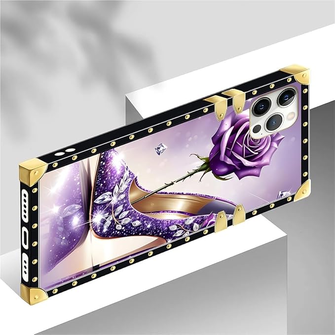 Compatible with iPhone 12 12 Pro Case, High Heeled Purple Diamond Rose Luxury Golden Decoration for Girl Women Soft TPU Shockproof Protective Hard PC Back for iPhone 12 12 Pro