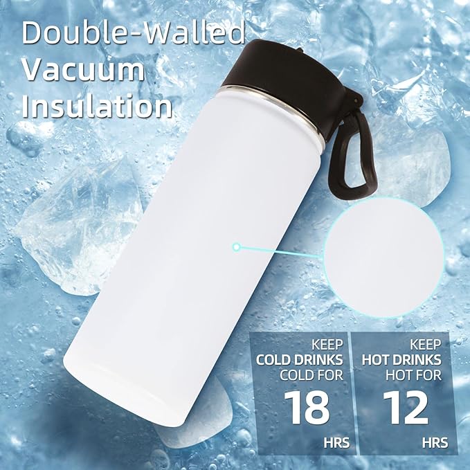 Volhoply 18oz Kids Insulated Water Bottle,Stainless Steel Water Bottles with Straw Lid,Wide Mouth Reusable Metal Water Bottle,Double Wall Vacuum Sports Travel Flask For Cold Drink(White,1 Set)