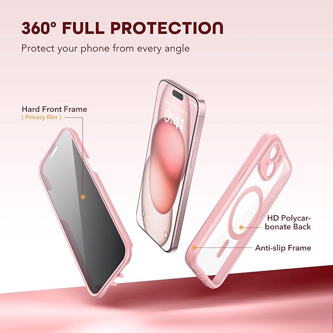 TIESZEN for iPhone 15 Plus Case, Compatible with MagSafe, Built-in Privacy Screen Protector and Camera Protection, Anti Spy Full Body Dustproof Shockproof Hard Phone Case 6.7", Light Pink