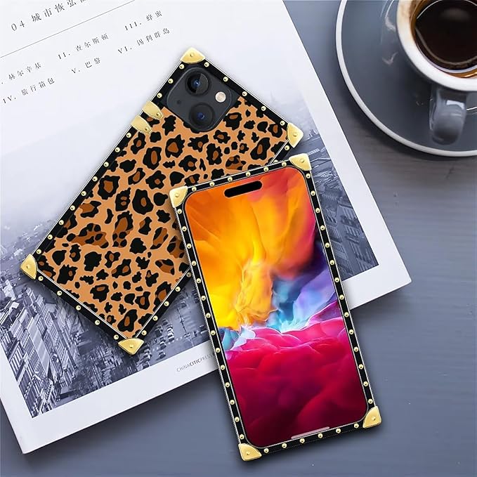 Compatible with iPhone 15 Case, Brown Leopard Texture Luxury Golden Decoration for Girl Women Soft TPU Shockproof Protective Hard PC Back for iPhone 15