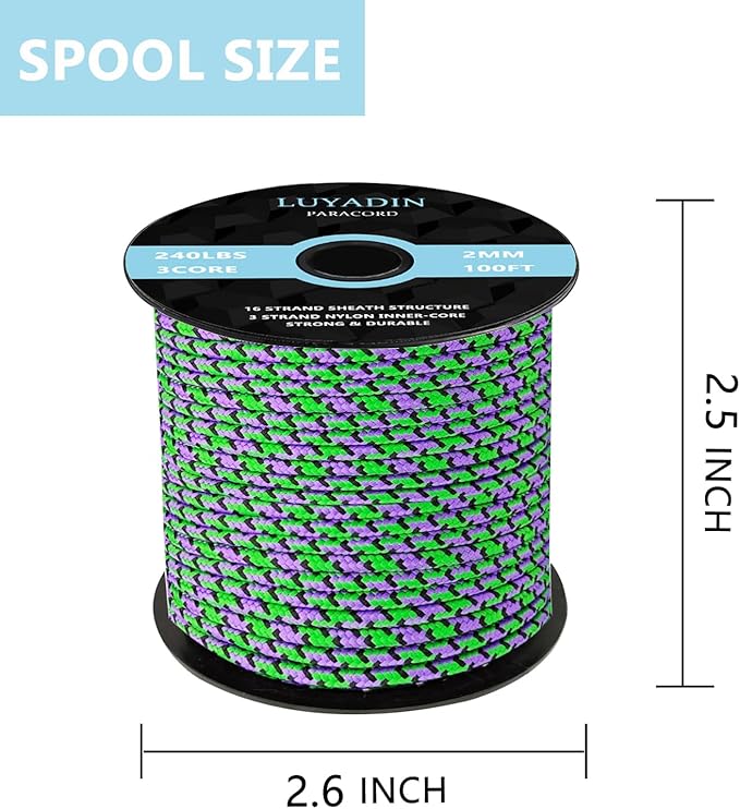 Paracord 240lb - Diameter 2mm Micro Utility Cord -3 Strand Parachute Spool Cord - 100ft 200ft,Paracord for Camping,Hiking,Fishing,Outdoor and DIY