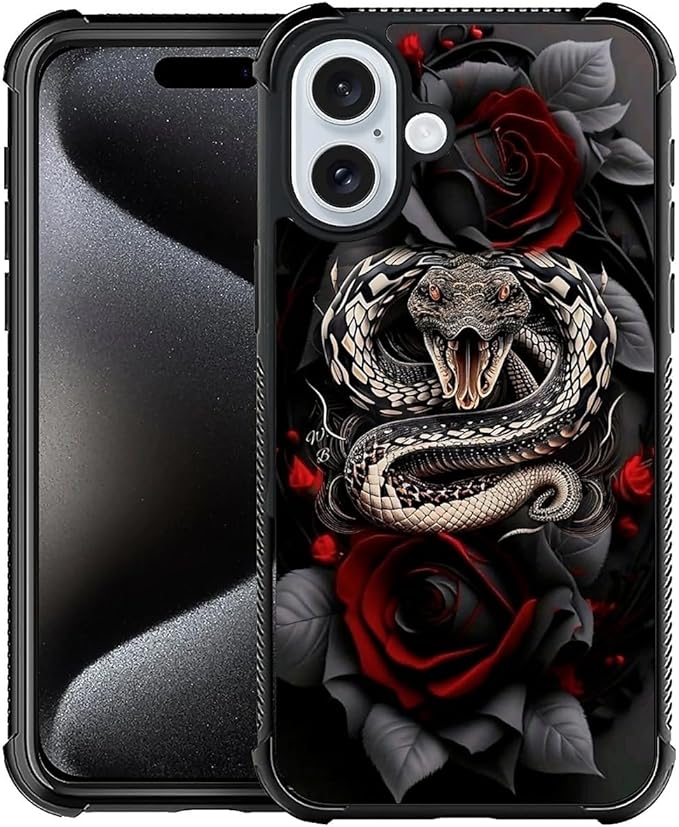 for iPhone 16 Case, Entwined Rose Snake Pattern Graphic Design Girl Boy Soft Silicone Hard Acrylic Shock Protection for iPhone 16