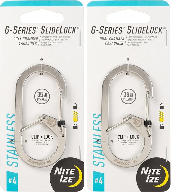 Nite IZE G-Series SlideLock #4 Dual Chamber Carabiner, Dual Security Carabiner Keychain, Stainless Steel