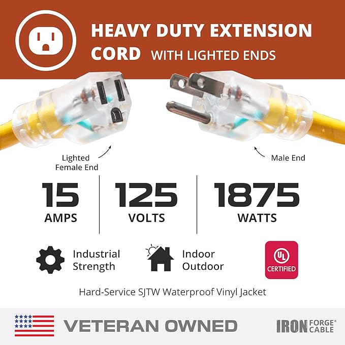 Iron Forge Cable Outdoor Extension Cord 25 Ft, 2 Pack - 10 Gauge Heavy Duty Extension Cord, 15 AMP, 10/3 Yellow Cable SJTW Weatherproof with 3 Prong