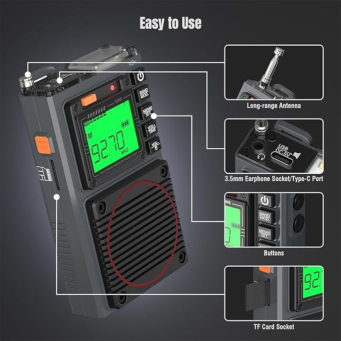 Raddy RF75A APP Control Shortwave Radio, Portable AM/FM/VHF/SW/WB Weather Radio, Pocket Radio Rechargeable w/ 9.85 Ft Wire Antenna