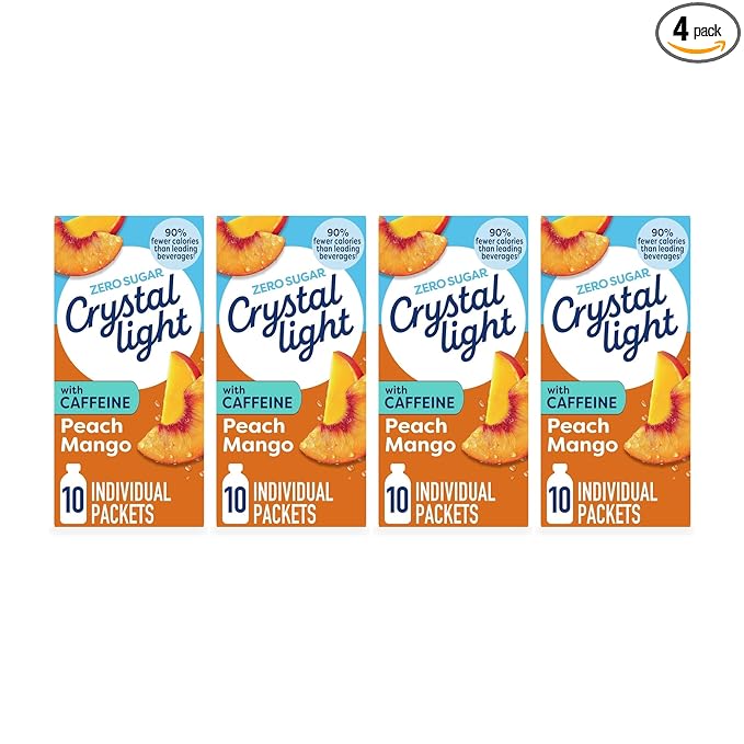 Crystal Light On The Go Peach Mango With Caffeine Drink Mix, 10-Packet Box, 0.7 OZ (Pack of 4)
