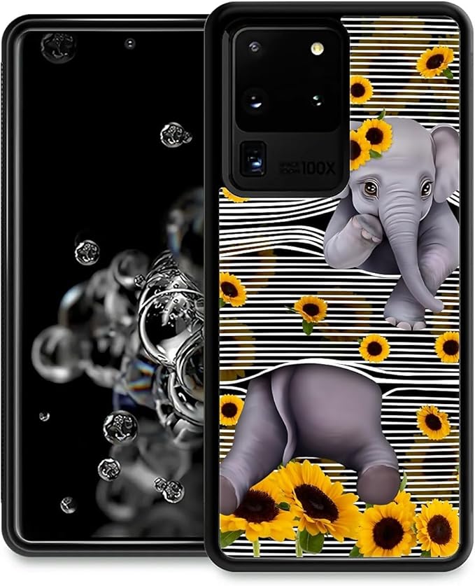 for Samsung Galaxy S20 Ultra Case, Cute Little Elephant Sunflower White Line Art Pattern Graphic Design Soft Silicone Hard Acrylic Shock Protection for Samsung Galaxy S20 Ultra