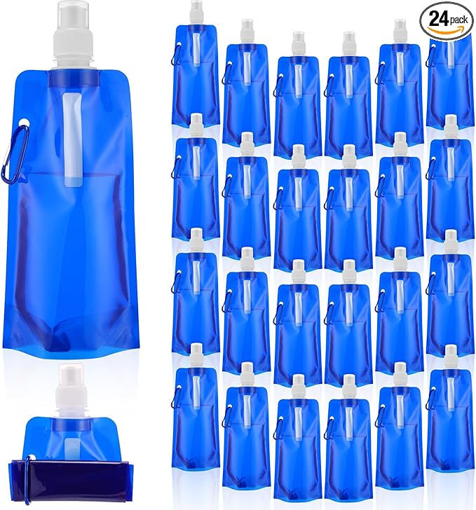 Teenyyou 24pack Collapsible Water Bottles Bulk 16oz Foldable Water Bottles with Carabiner Reusable Drinking Leak Proof Container Bags for Sport Biking Hiking Camping Travel Outdoor (Blue)