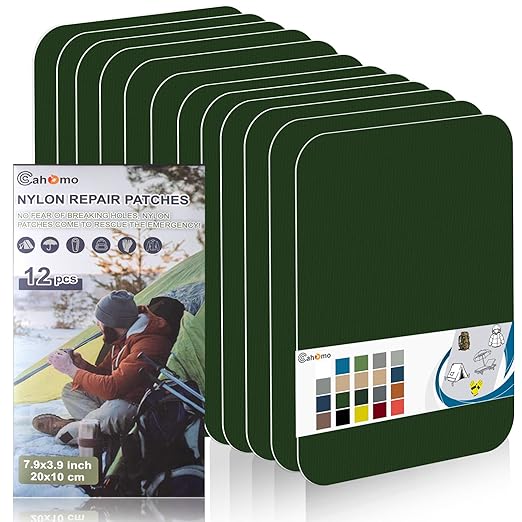 Cahomo 7.9x3.9 inch 12 PCS Nylon Repair Patch Nylon Repair Tape Self Adhesive Fabric Tapes Outdoor Camping Gear Fabric kit for Tent, Umbrella, Down Jackets, Sleeping Bag, Knapsack（Dark Green）