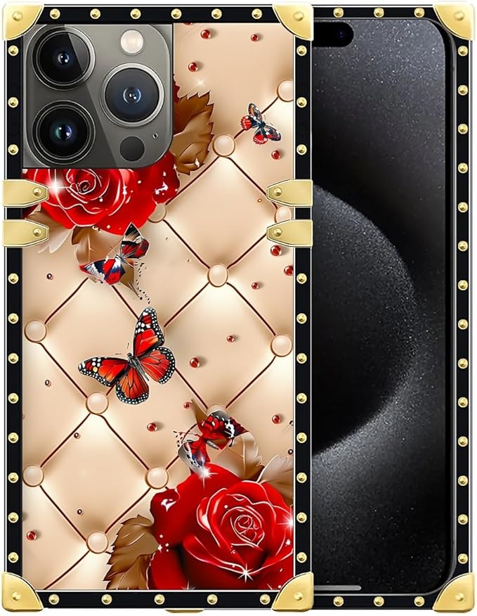 Compatible with iPhone 16 Pro Case, Shining Red Rose Butterfly Leather Background Luxury Golden Decoration for Girl Women Soft TPU Shockproof Protective Hard PC Back