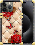 Compatible with iPhone 16 Pro Case, Shining Red Rose Butterfly Leather Background Luxury Golden Decoration for Girl Women Soft TPU Shockproof Protective Hard PC Back