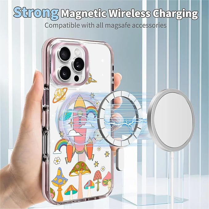 Case for iPhone 16 Pro,[Compatible with MagSafe],Spaceship Mushroom Phone Case Design，for Women Girls Magnetic Clear Cover - Slim, Sleek, & Shockproof Protection