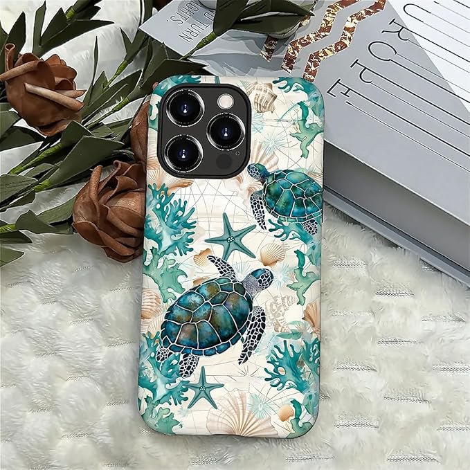 for iPhone 16 Pro Case,HH2 Ocean Sea Turtle Nautical Map Hybrid 2 Layer Hard Shell Silicone Protective Pattern Design Case