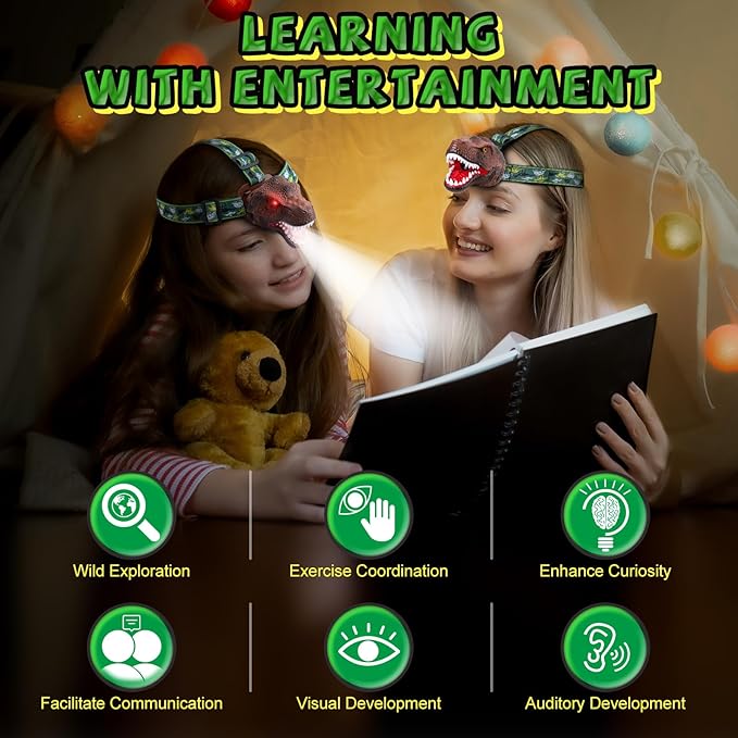 Nitigo Dinosaur Headlamp for Kids Flashlight 2 Pack, Rechargeable Led Headlights Roar & Silent Mode, T-Rex Dinosaur Toys 3-5 4-6 5-7 6-8, Camping Gear, Easter Gifts for Boys Girls Adults